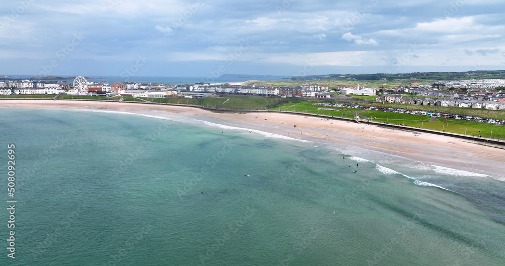 Aerial photo of Portrush Beach Atlantic Ocean North Coast County Antrim Northern Ireland by drone