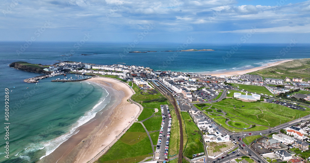 Aerial view of Portrush Beach Atlantic Ocean North Coast County Antrim Northern Ireland by Drone