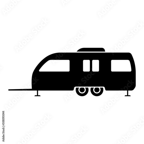 Caravan icon. Motorhome trailer for travel. Black silhouette. Side view. Vector simple flat graphic illustration. Isolated object on a white background. Isolate.