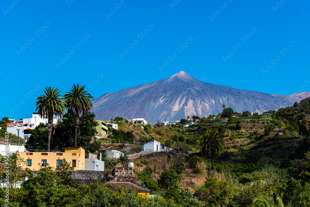 View of the Teide volcano from Icod de los Vinos on a sunny day with blue sky. Tenerife, Canary Islands, Spain