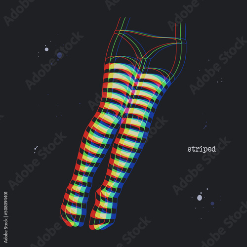 Female legs in tights. Striped stocking Woman body part. Glitch style