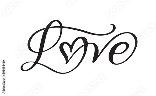 Handwritten laser cut calligraphy text Love with heart. Happy Valentines day romantic quote for design greeting card, holiday flyer, photo overlays, t-shirt print, poster