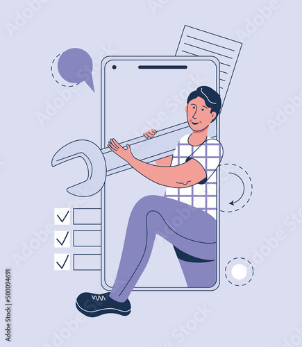 Man with big spanner. Online help. Customer service concept illustration