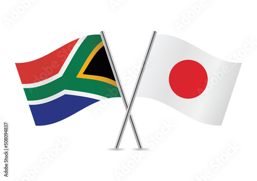 South Africa and Japan crossed flags. South African and Japanese flags on white background. Vector icon set. Vector illustration.