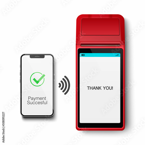 Vector 3d NFC Payment Machine and Smartphone. Payment Succesful. Approved Transaction. POS Terminal, Machine, Phone Isolated. Design Template of Bank Payment Wireless Contactless Terminal, Mockup