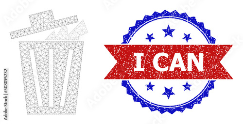 Mesh net office bucket polygonal carcass icon, and bicolor scratched I Can seal. Red stamp seal contains I Can caption inside ribbon and blue rosette. Vector carcass polygonal net office bucket icon.