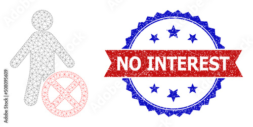 Mesh net reject man polygonal model icon, and bicolor unclean No Interest seal stamp. Red stamp seal includes No Interest text inside ribbon and blue rosette.