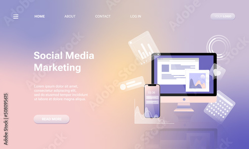 Landing page template with laptop computer, charts, internet indicators and smartphone. Concept of online tool or service for social media analytics and SMM. Vector illustration for website.