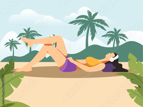 Girl Relaxing on Beach Listening Music. Summer Sunbathing Cartoon photo