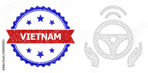 Network driverless car polygonal wireframe icon, and bicolor scratched Vietnam seal. Red stamp seal has Vietnam tag inside ribbon and blue rosette. Vector frame polygonal network driverless car icon.