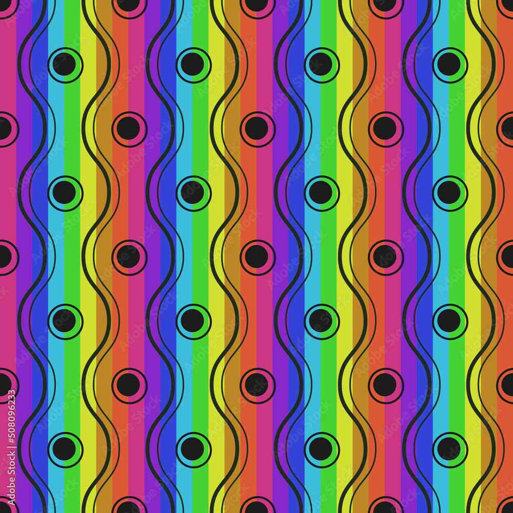 Rainbow stripes and black polka dot. Vector seamless and bright multicolored. Rainbow stripes and black polka dot. Vector seamless and bright multicolored.