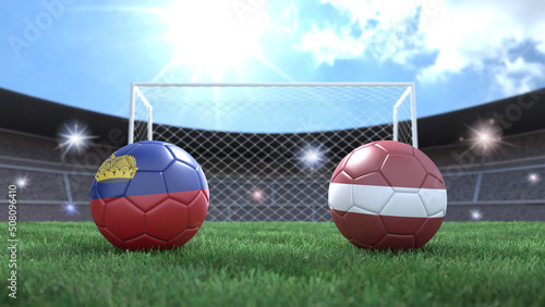 Two soccer balls in flags colors on stadium blurred background. Liechtenstein and Latvia. 3d image