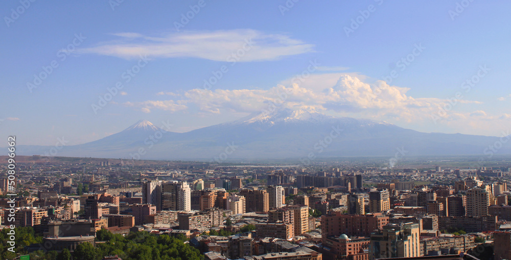 Panoramic view of Downtown Yerevan with mount Ararat on the Horizon  