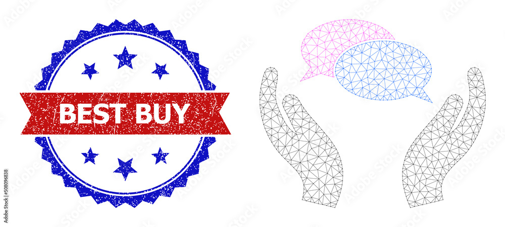 Mesh conversation care polygonal carcass icon, and bicolor rubber Best Buy seal. Red seal contains Best Buy title inside ribbon and blue rosette. Vector carcass polygonal mesh conversation care icon.