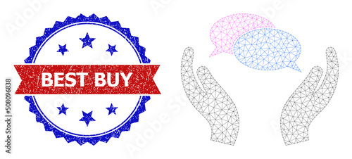 Mesh conversation care polygonal carcass icon, and bicolor rubber Best Buy seal. Red seal contains Best Buy title inside ribbon and blue rosette. Vector carcass polygonal mesh conversation care icon.