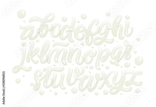 Milk, yogurt or cream alphabet set. White letters on white background. Hand lettering set. Dairy design element. Vector eps 10 for packaging design.	
