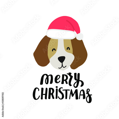 Cute beagle puppy  dog face in Chrismas hat. Cute cartoon illustration with dog lovers quote. Merry Christmas phrase. Holidays design elment for greeting cards, stickers, t shirt