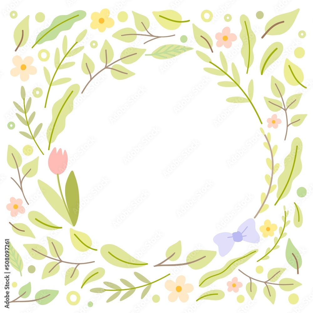 Frame with a round cutout of leaves, branches, flovers and bow. Isolated on white. Sweet flat style vector illustration. Frame with a round cutout of leaves, branches, flovers and bow. Isolated on white. Sweet flat style vector illustration.