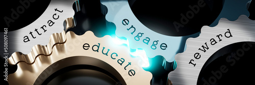 Fotografia Attract, engage, educate, reward - gears concept - 3D illustration