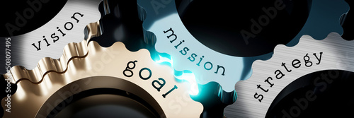 Vision, mission, goal, strategy - gears concept - 3D illustration