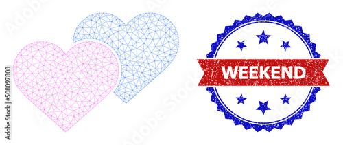 Net love hearts polygonal wireframe icon, and bicolor textured Weekend seal stamp. Red stamp seal contains Weekend title inside ribbon and blue rosette. Vector frame polygonal net love hearts icon.