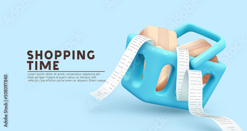 Food basket full of boxes of goods and cash check. Blue shopping cart realistic 3d object. shopping time. Creative concept idea design. Web landing page, banner and poster. vector illustration