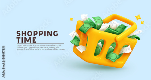 Food basket full of paper green dollars and cash check. Yellow shopping cart realistic 3d object. shopping time. Creative concept idea design. Web landing page, banner and poster. Vector illustration