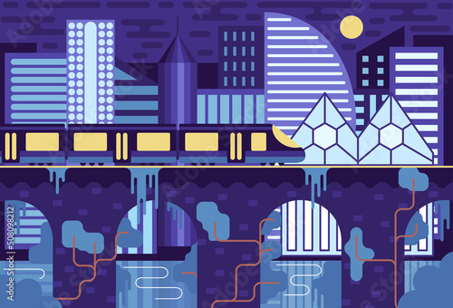 Monorail metro train on bridge in megapolis futuristic night panorama. Vector illustration in flat stile