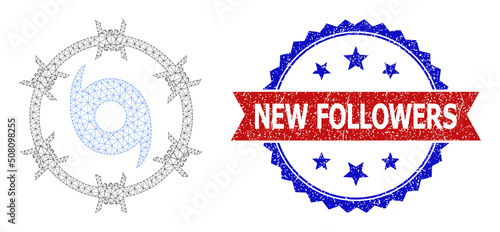 Net jail fan polygonal carcass icon, and bicolor textured New Followers stamp. Red stamp includes New Followers text inside ribbon and blue rosette. Vector carcass polygonal mesh jail fan icon.