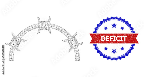 Network jail dome polygonal framework icon  and bicolor grunge Deficit seal stamp. Red stamp seal has Deficit tag inside ribbon and blue rosette. Vector frame polygonal net jail dome icon.