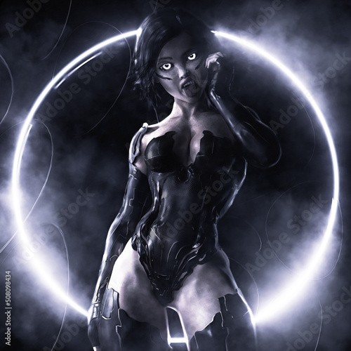 wild female cyborg with glowing neon light on the soft focus background
