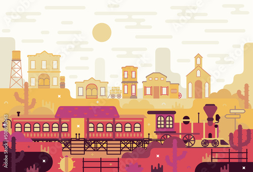 Old train stands at the railway station. Wild west illustration, passenger station next to the village Vector illustration