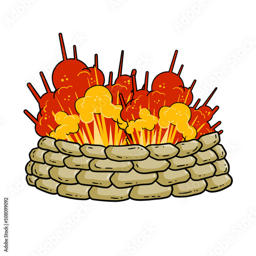 Explosion in barricades. Military operations and sandbag fortifications. Assault and war. Modern conflict.
