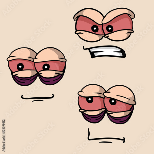 Tired face with red eyes. Stoned or drunk character. Symptom of intoxication and illness. Set of funny mouths and emotions.