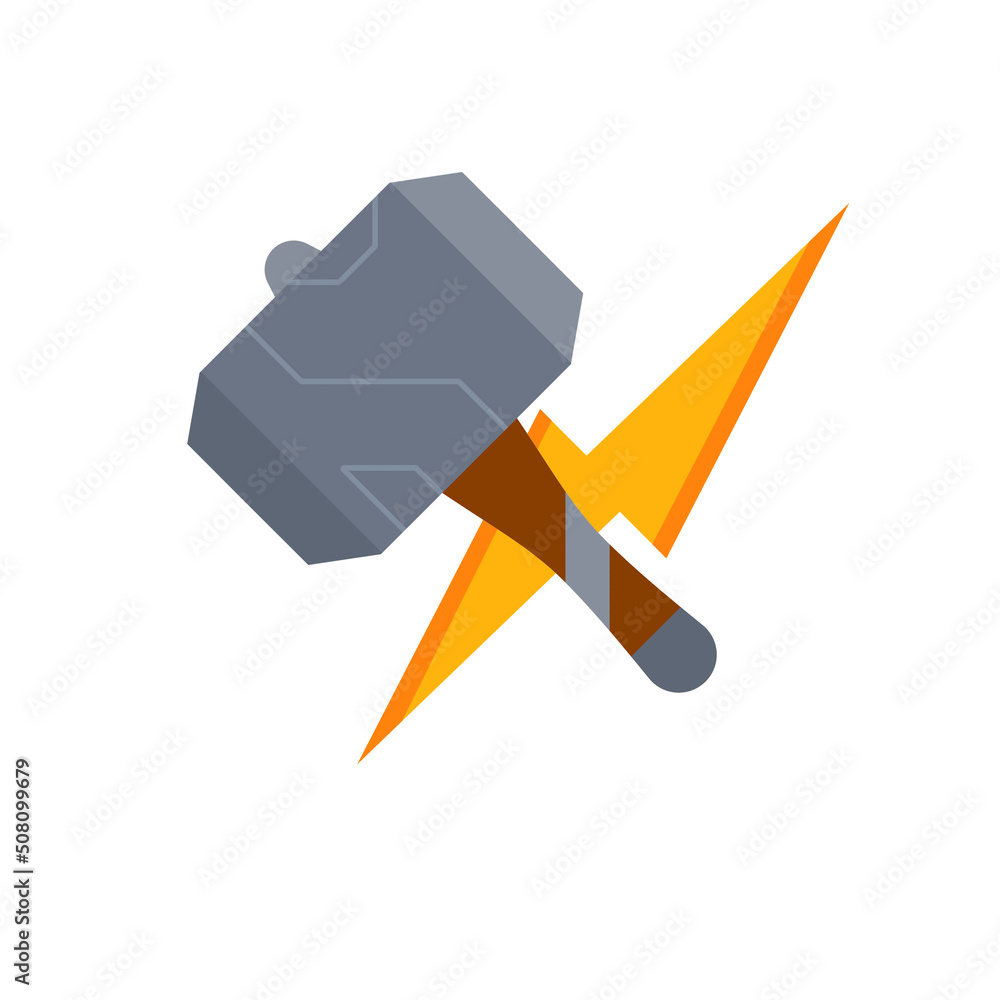 Thor hammer. God weapon. Norse mythology. Symbol of lightning power. Medieval steel weapons. Flat cartoon icon Thor hammer. God weapon. Norse mythology. Symbol of lightning power. Medieval steel weapons. Flat cartoon icon