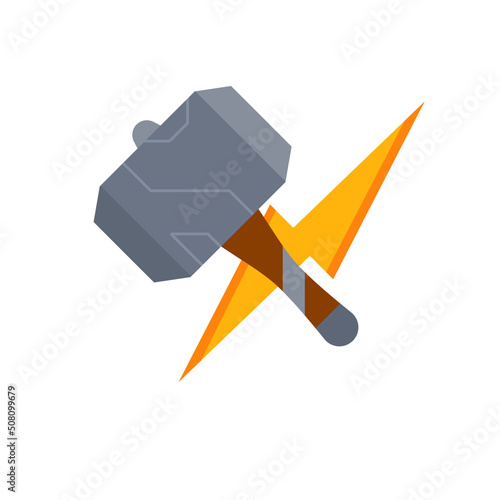 Thor hammer. God weapon. Norse mythology. Symbol of lightning power. Medieval steel weapons. Flat cartoon icon