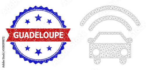 Mesh net self driving car polygonal model icon, and bicolor grunge Guadeloupe seal. Red stamp includes Guadeloupe caption inside ribbon and blue rosette.
