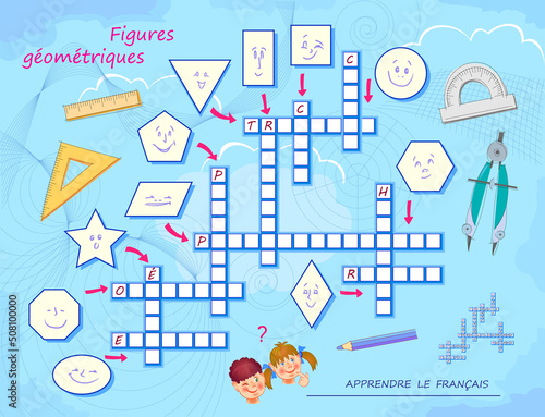 GEOMETRIC FIGURES. Crossword puzzle game with pictures. LEARN FRENCH. Educational page for children to study French language and words. Worksheet for kids textbook. School exercise book. Vector image.