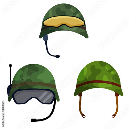 Military helmet of a modern soldier. Green protective cap. Set of Ammunition and uniforms with glasses