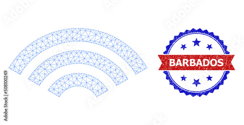 Mesh net online signal polygonal frame icon, and bicolor textured Barbados stamp. Red stamp seal contains Barbados title inside ribbon and blue rosette. Vector frame polygonal net online signal icon.