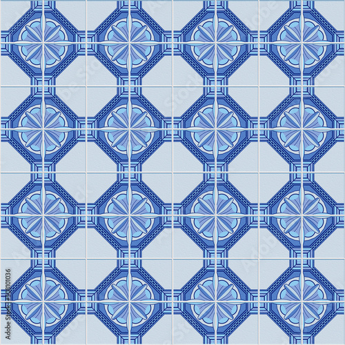 Decorative wall ceramic tiles. Texture for the interior. Digital colorful wall tile design for washroom and kitchen. Seamless tiles background. Blue and white mosaic pattern. 3d visualization