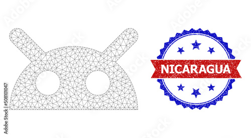 Net mesh robot head polygonal carcass icon, and bicolor grunge Nicaragua seal stamp. Red seal contains Nicaragua caption inside ribbon and blue rosette. Vector frame polygonal network robot head icon.