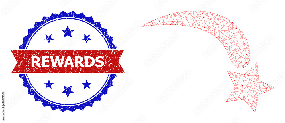 Net falling star polygonal carcass icon, and bicolor grunge Rewards seal stamp. Red stamp has Rewards tag inside ribbon and blue rosette. Vector carcass polygonal mesh falling star icon.