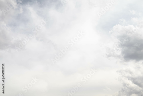 Cloudscape scenery, overcast weather above dull sky. Rainy clouds floating in the air with natural light. White and grey scenic environment background. Nature purity view.