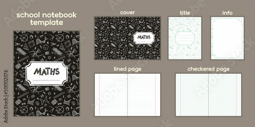 Maths Template to print School notebook or mathematics textbook. Hand-drawn mathematical elements. Blanks for checkered and lined pages. Frame for educational or scientific poster. Vector illustration