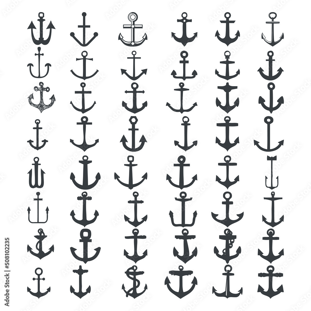 Anchor icons. Vector boat anchors isolated on white background for marine tattoo or logo. Set of black silhouette anchos illustration