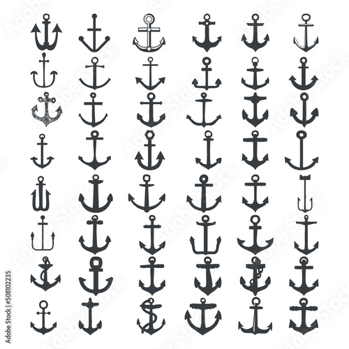Anchor icons. Vector boat anchors isolated on white background for marine tattoo or logo. Set of black silhouette anchos illustration