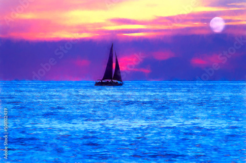 Sailboat Night Sailing Landscape Painting © mexitographer