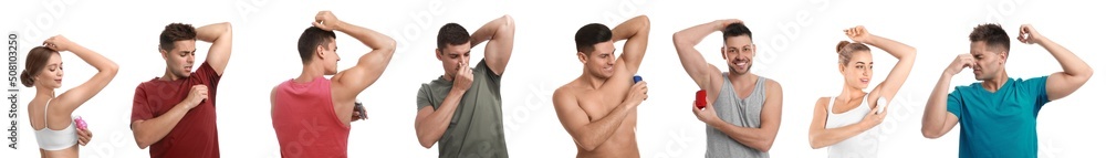 Collage with photos of people applying deodorants to armpits and with sweat stains on clothes against white background. Banner design Collage with photos of people applying deodorants to armpits and with sweat stains on clothes against white background. Banner design