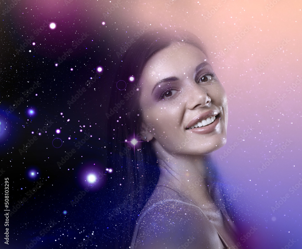 Double exposure of beautiful woman and starry sky. Astrology concept